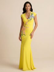 Radiant Canary Yellow Botanical Embroidered Gown Formal Evening Dress