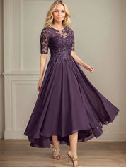 Robe de mère de la mariée asymétrique en mousseline de soie et dentelle, coupe trapèze, décolleté en V, illusion, avec paillettes 