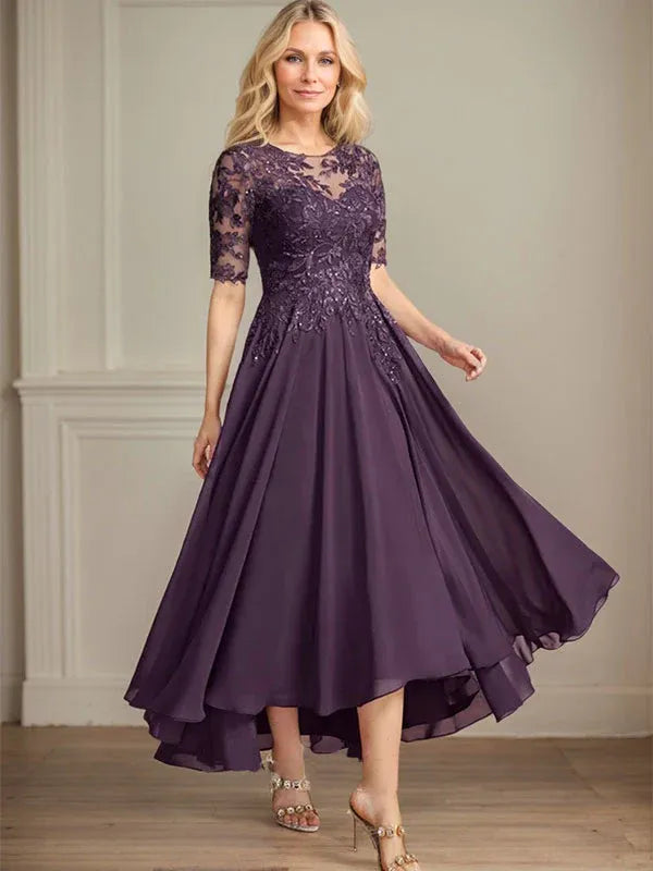 Robe de mère de la mariée asymétrique en mousseline de soie et dentelle, coupe trapèze, décolleté en V, illusion, avec paillettes 