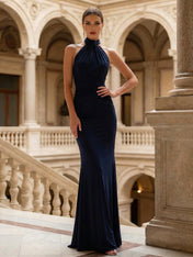 Navy Blue Halter Neck Maxi Dresses Mermaid Evening Dress