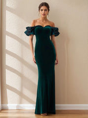 Sheath Off The Shoulder Sleeveless Ruched Floor-Length Fitted Dress