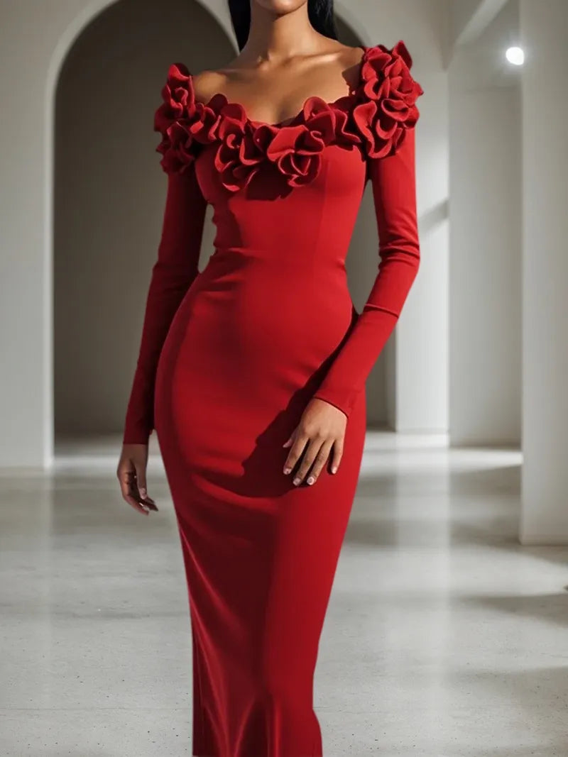 Red 3D Floral Long Sleeve Sheath Maxi Dress