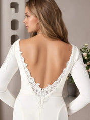 White Mermaid Scoop Sequins Stretch Crepe Wedding Dress