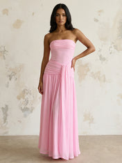 Pink Strapless Maxi Dresses with Pleat A Line Evening Dress