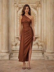 One-Shoulder Ruched Satin Evening Dress Formal Gown with Slit