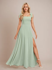 Sage A Line Chiffon Square Neck Floor Length Bridesmaid Dress With Bow