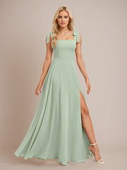 Sage A Line Chiffon Square Neck Floor Length Bridesmaid Dress With Bow