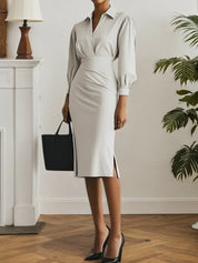 Light Gray Ruched Classic Shirt Collar Long Sleeve Sheath Midi Dress