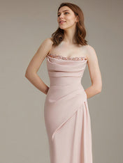 Pink Chiffon Off the Shoulder Floor Length Dress with Rhinestone Details