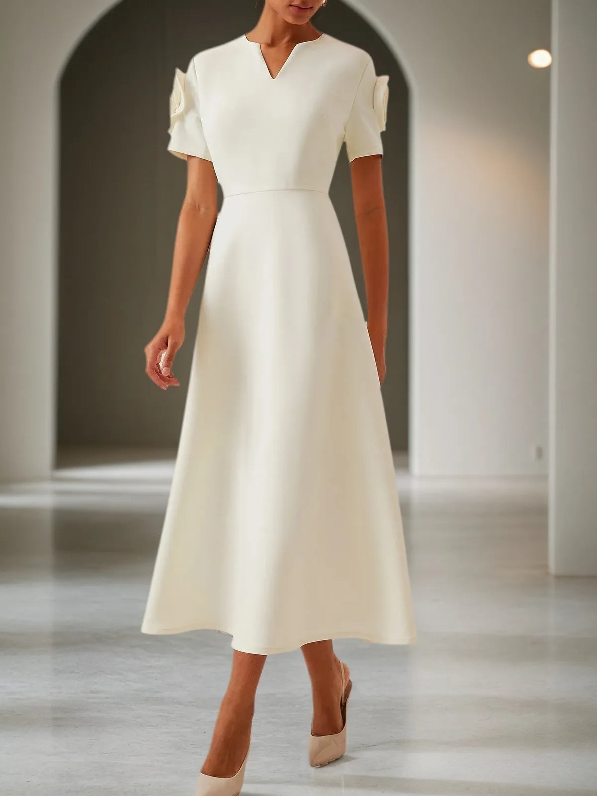 Off-White 3D Floral Short Sleeve V Neck A-Line Maxi Dress