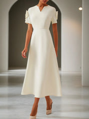 Off-White 3D Floral Short Sleeve V Neck A-Line Maxi Dress