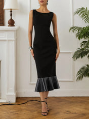 Black Knit Boat Neck Sleeveless Mermaid Midi Dress