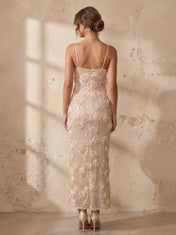 V-Neck Spaghetti Strap Sequin 3D Rose Applique Column Evening Dress