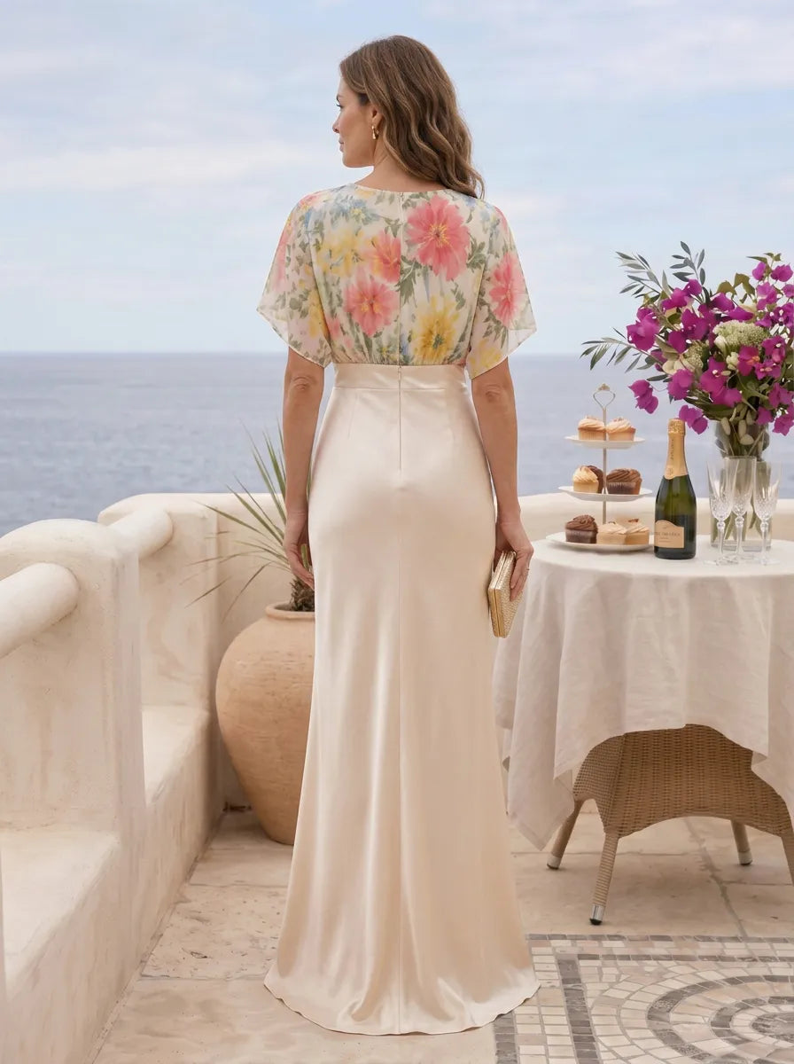 V-Neck Floral Chiffon Short Sleeve Satin Sheath Evening Gown