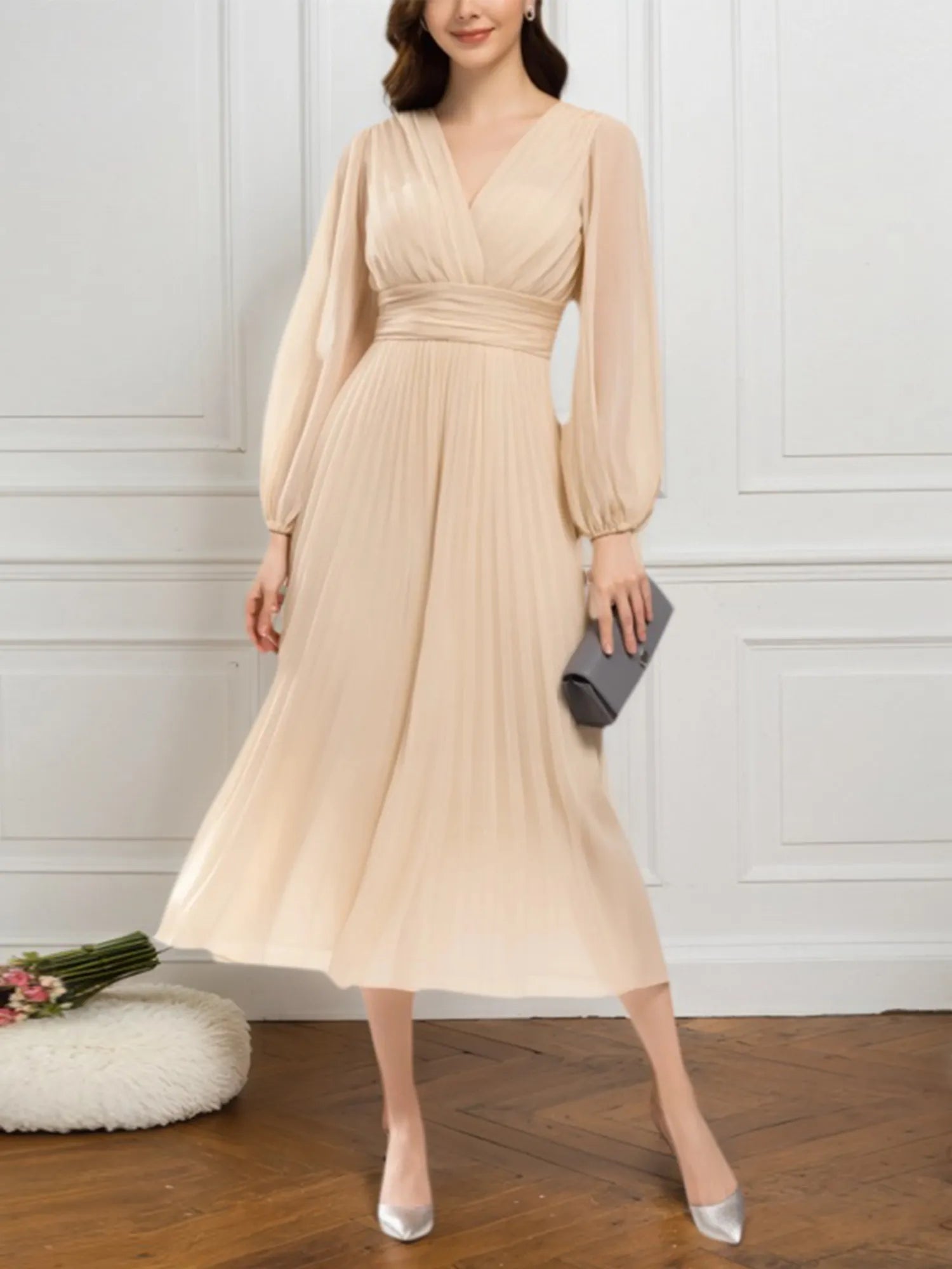 Party Chiffon Dress Beige Pleated V Neck A-Line Midi Dress