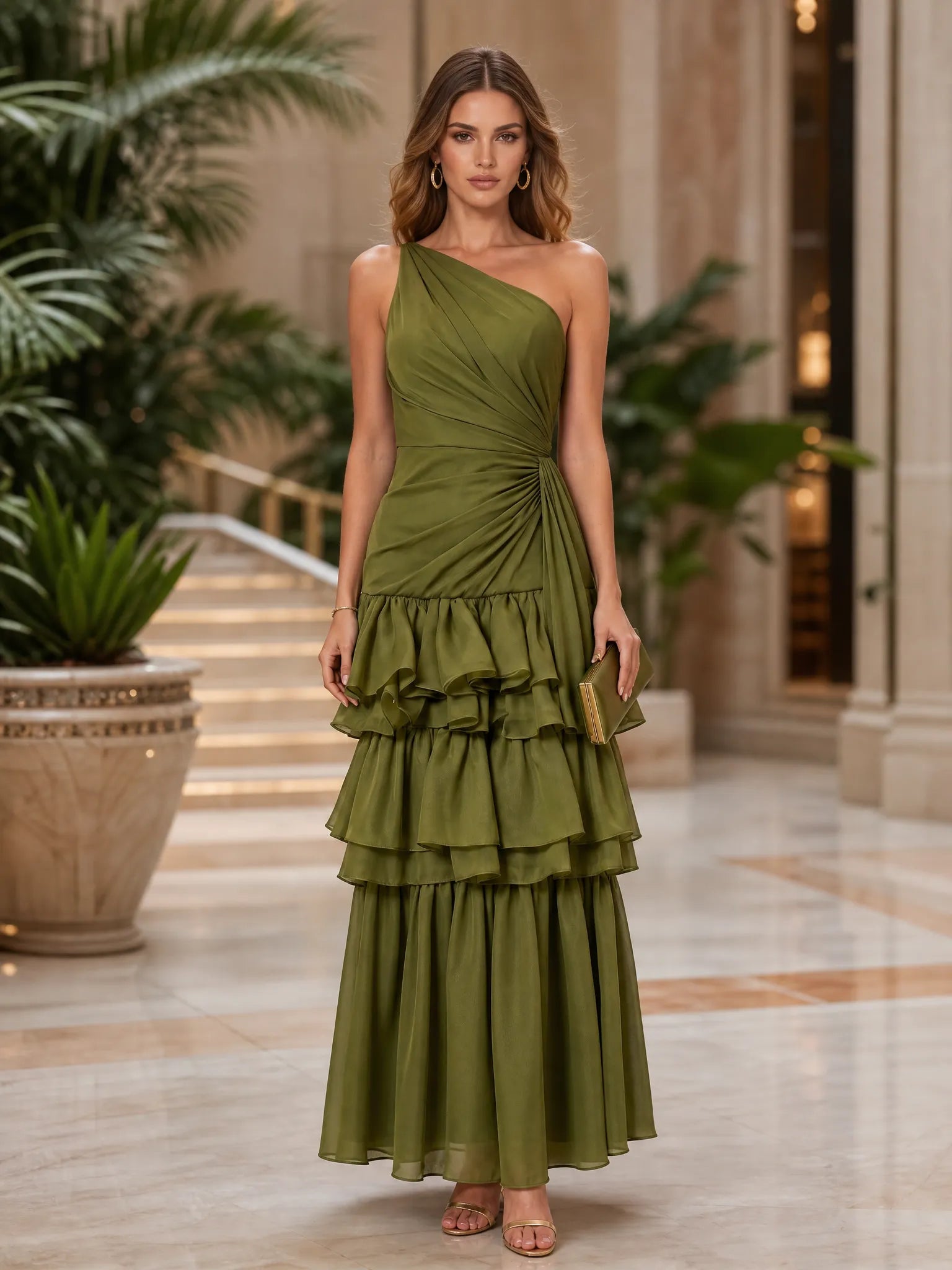 Olive Green One-Shoulder Tiered Ruffle Chiffon Evening Dress