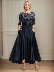 A-line Scoop Illusion Asymmetrical Satin Lace Mother of the Bride Dress With Bow