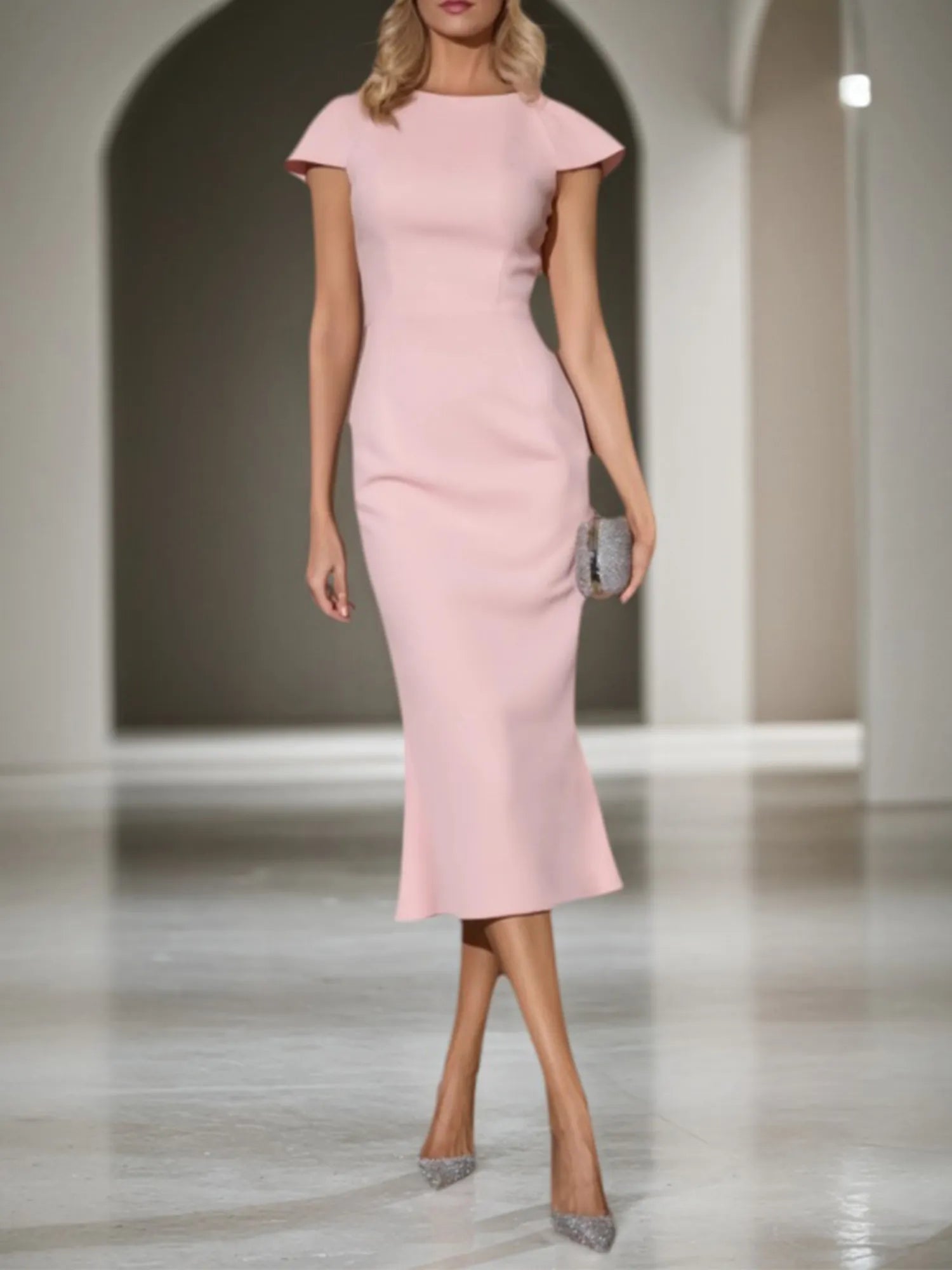 Fall Wedding Guest Dress Pink Crew Neck Midi Mermaid Sheath Dress