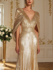 Formal Evening Fringe Dress Gold Sequin V Neck Cape Maxi Gown