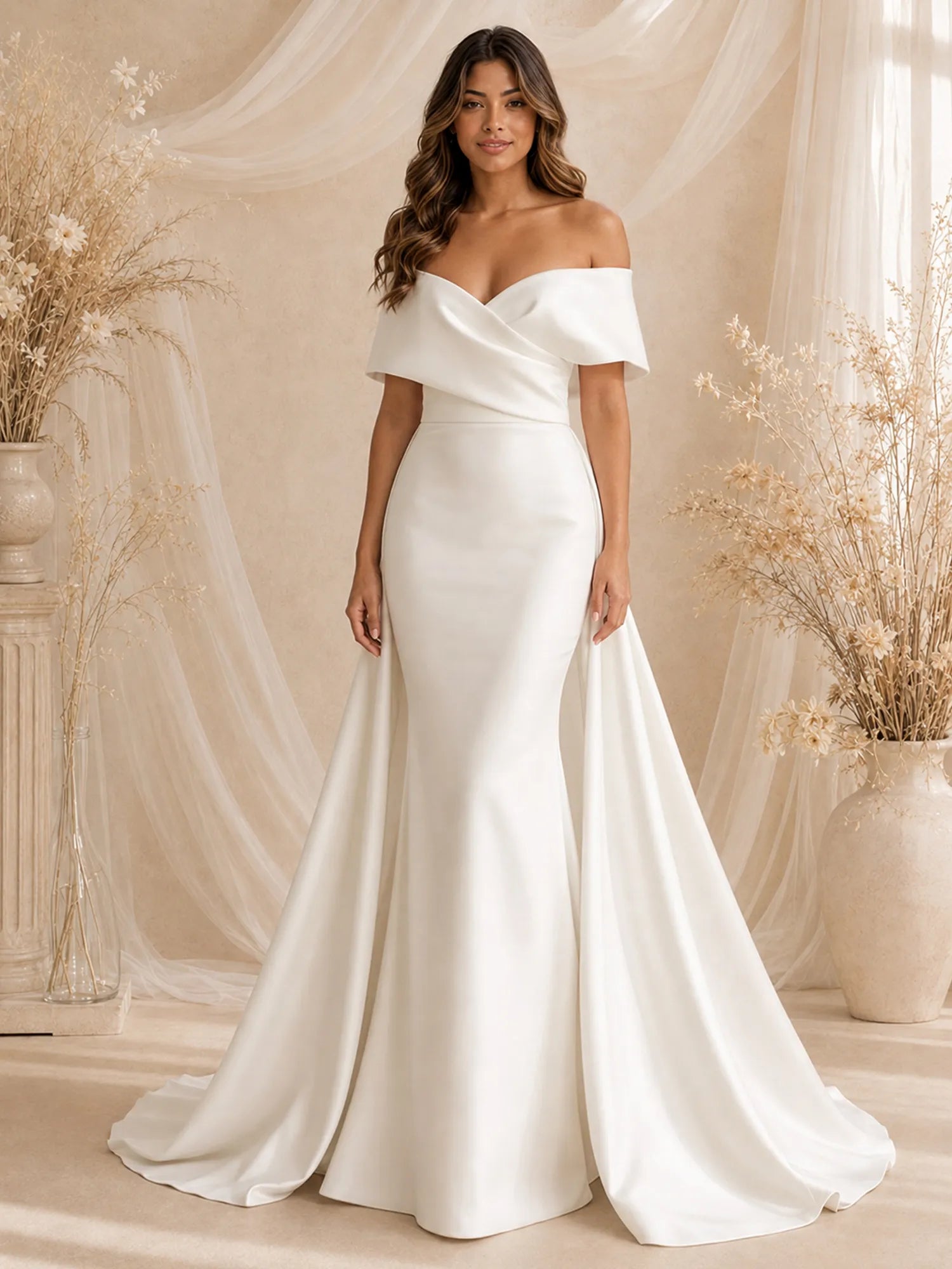 Elegant Off-The-Shoulder Draped Satin Mermaid Wedding Dress with Detachable Overskirt and Chapel Train