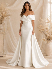 Elegant Off-The-Shoulder Draped Satin Mermaid Wedding Dress with Detachable Overskirt and Chapel Train