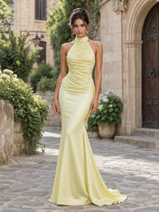 High-Neck Ruched Satin Mermaid Evening Dress with Sweep Train