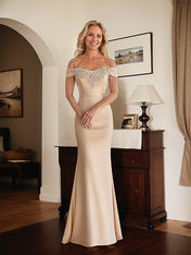 Elegant Champagne Mermaid Off The Shoulder Mother of the Bride Dress with Lace
