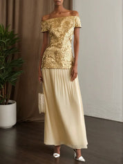 Golden Jacquard Split Joint Classic Off The Shoulder Short Sleeve A-Line Maxi Dress