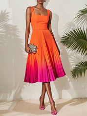 Orange Pleated Classic Square Neck Sleeveless A-Line Midi Dress