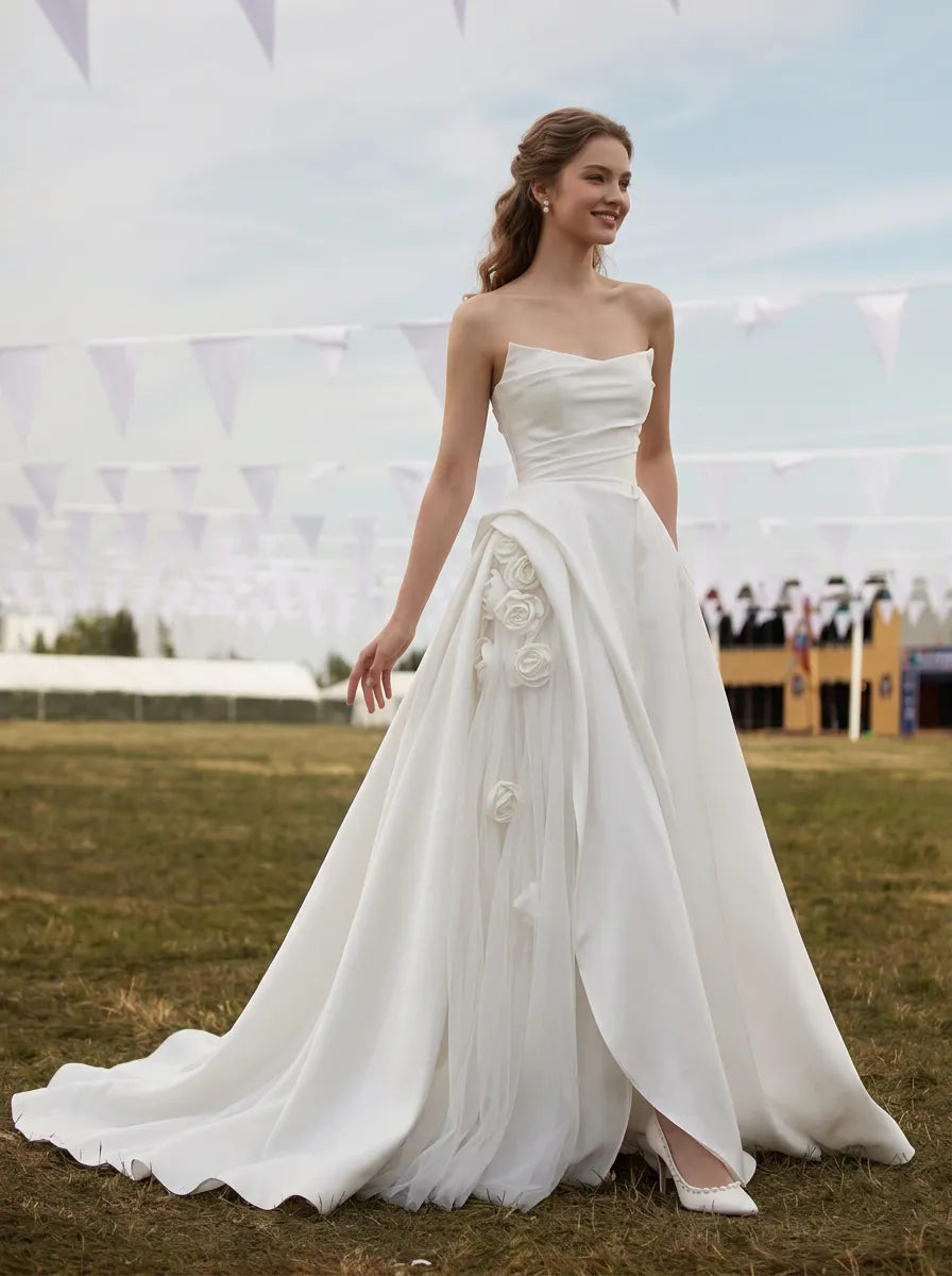 Strapless Sweetheart Draped Satin A-Line Wedding Dress with Sheer Floral Inset