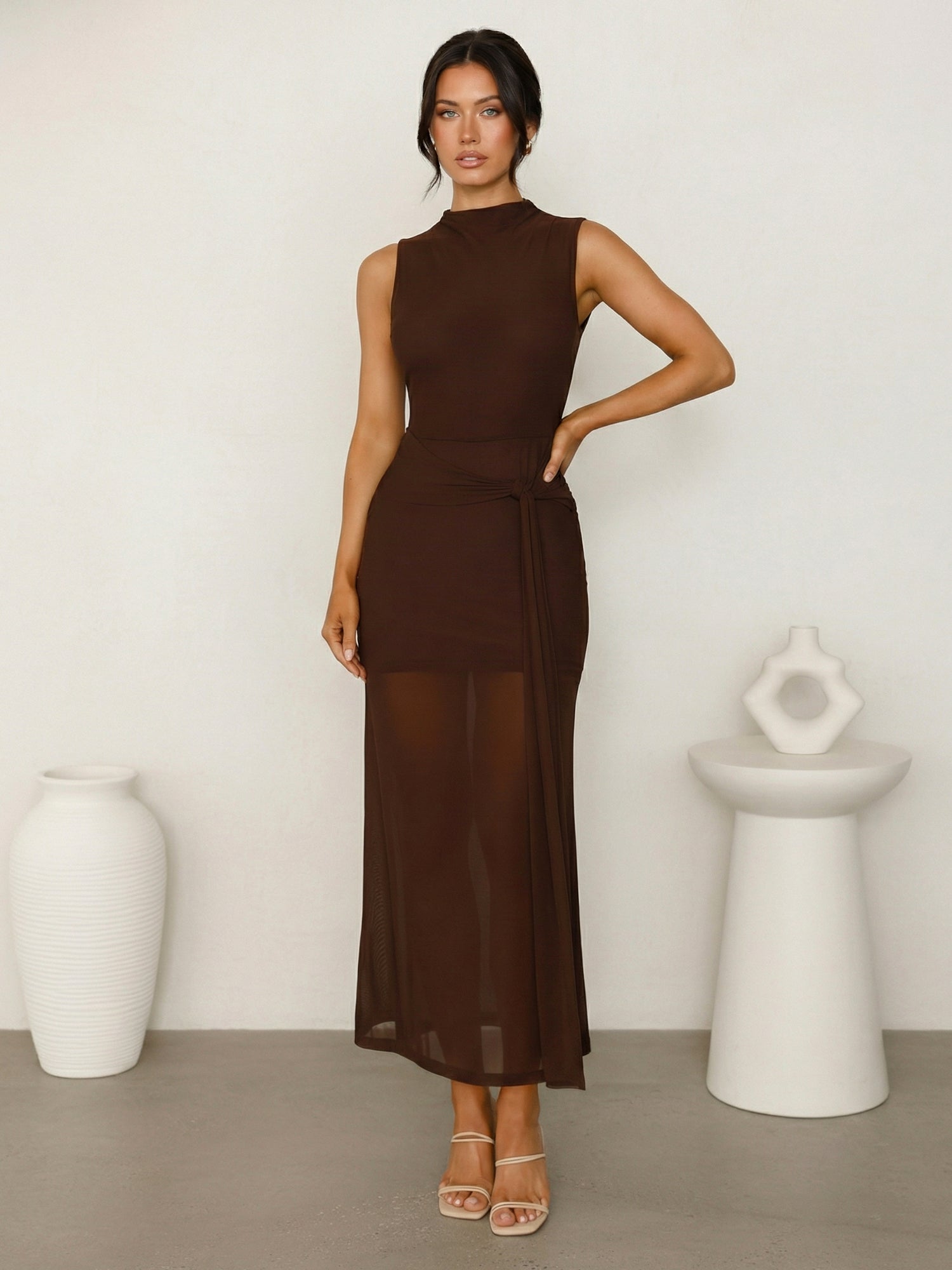 Brown O Neck  Mermaid Ankle Length Maxi Dress with Ruffle