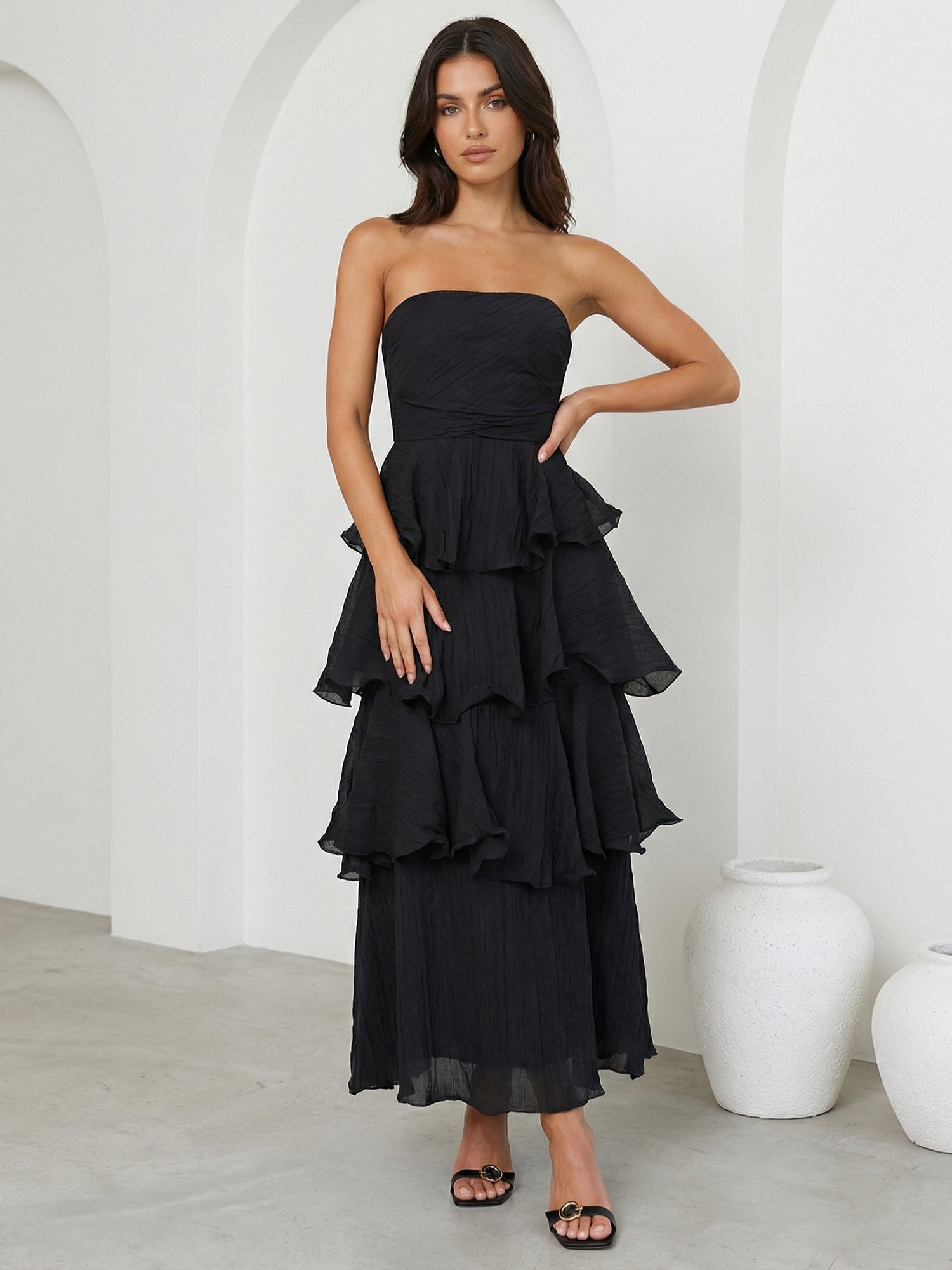 Black Strapless Tiered Maxi Dress Ankle Length