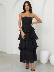 Black Strapless Tiered Maxi Dress Ankle Length