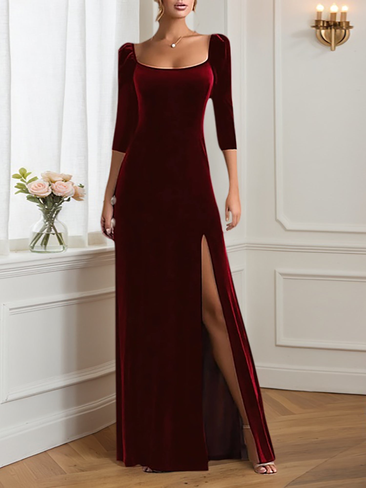 Formal Velvet Dress Burgundy Square Neck Maxi Mother of the Bride Dress