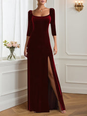 Formal Velvet Dress Burgundy Square Neck Maxi Mother of the Bride Dress