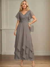 A Line V Neck Short Sleeve Chiffon Mother of the Bride Dress With Ruffles