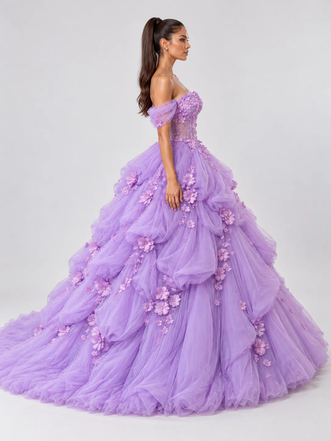 Off-the-Shoulder 3D Floral Applique Voluminous Ball Gown Evening Dress with Corset Back and Sweep Train