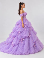 Off-the-Shoulder 3D Floral Applique Voluminous Ball Gown Evening Dress with Corset Back and Sweep Train