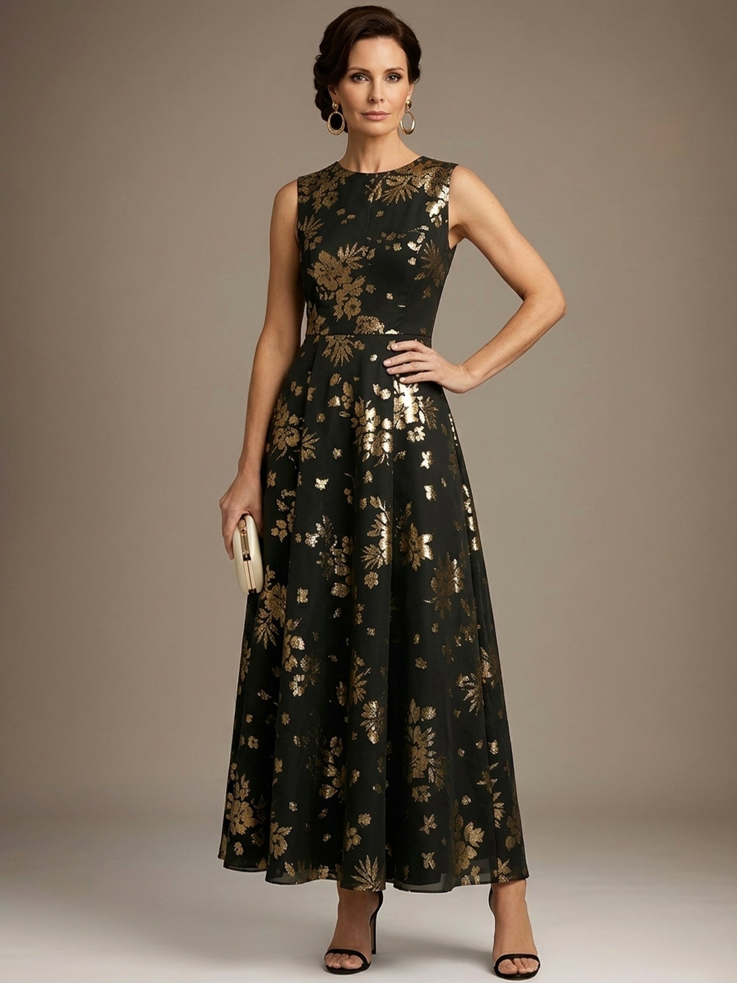 Black Stamped Bronzing Satin Crew Neck Sleeveless A-Line Maxi Dress