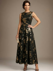 Black Stamped Bronzing Satin Crew Neck Sleeveless A-Line Maxi Dress