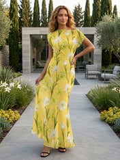 Boat-Neck Floral Chiffon Long Evening Dress