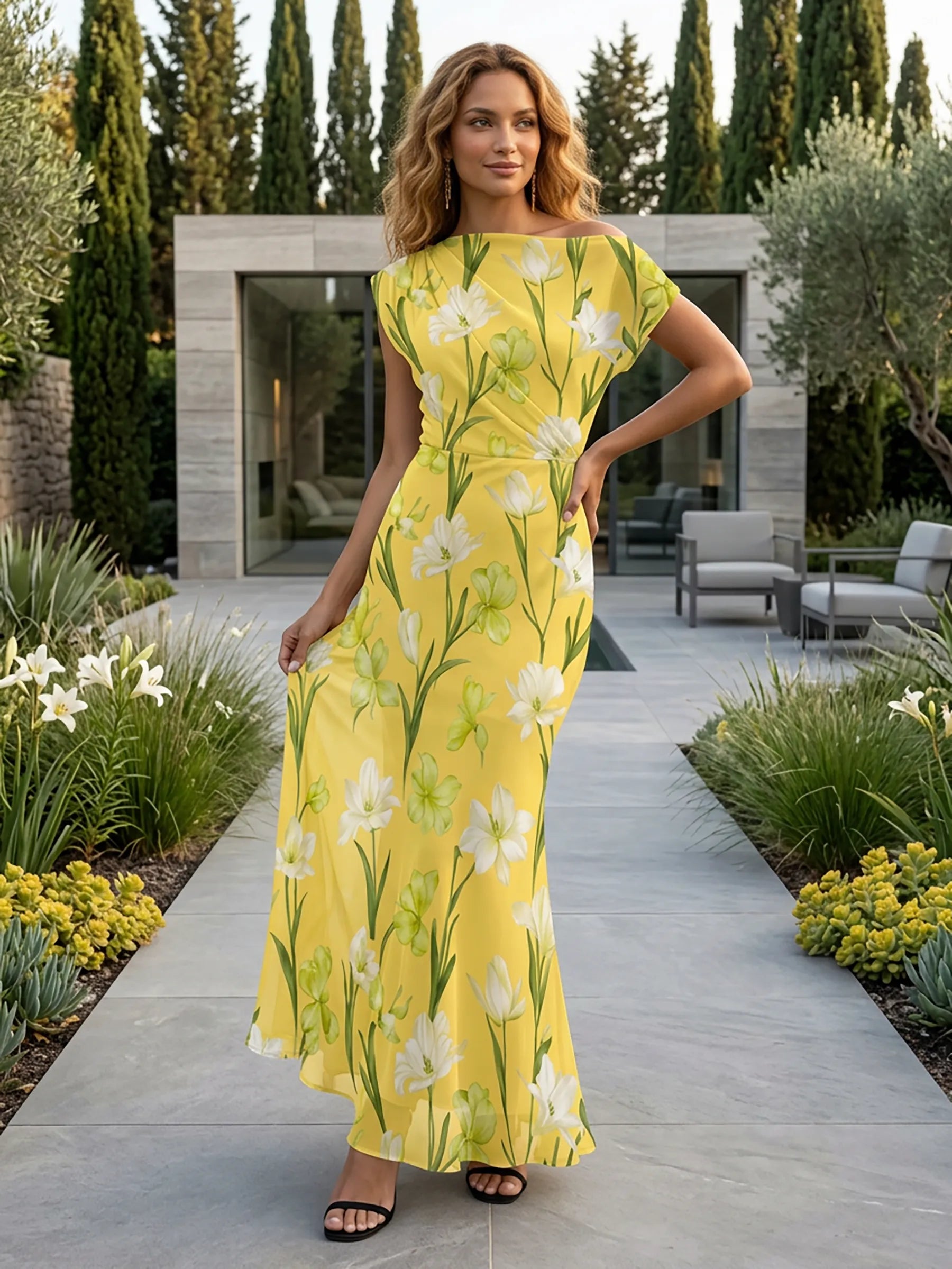 Boat-Neck Floral Chiffon Long Evening Dress