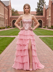 Strapless Sweetheart Embroidered Tiered Chiffon Ball Gown Prom Dress