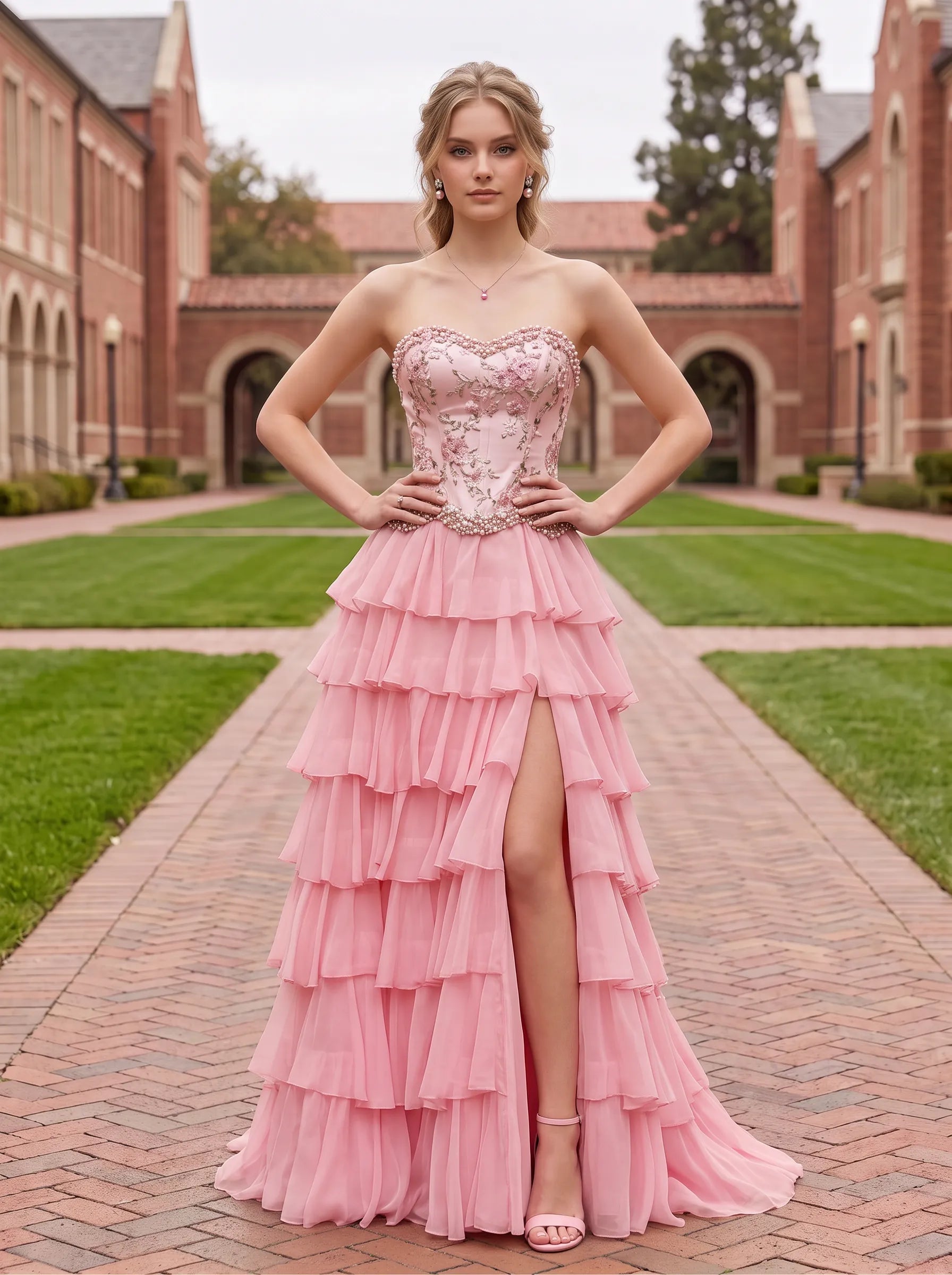 Strapless Sweetheart Embroidered Tiered Chiffon Ball Gown Prom Dress