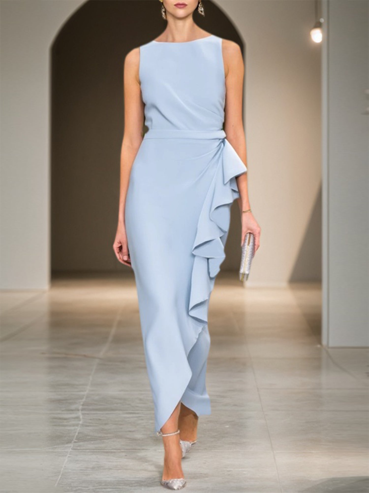 Formal Wedding Guest Dress Blue Crew Neck Ruffles Maxi Dress