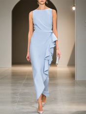 Formal Wedding Guest Dress Blue Crew Neck Ruffles Maxi Dress