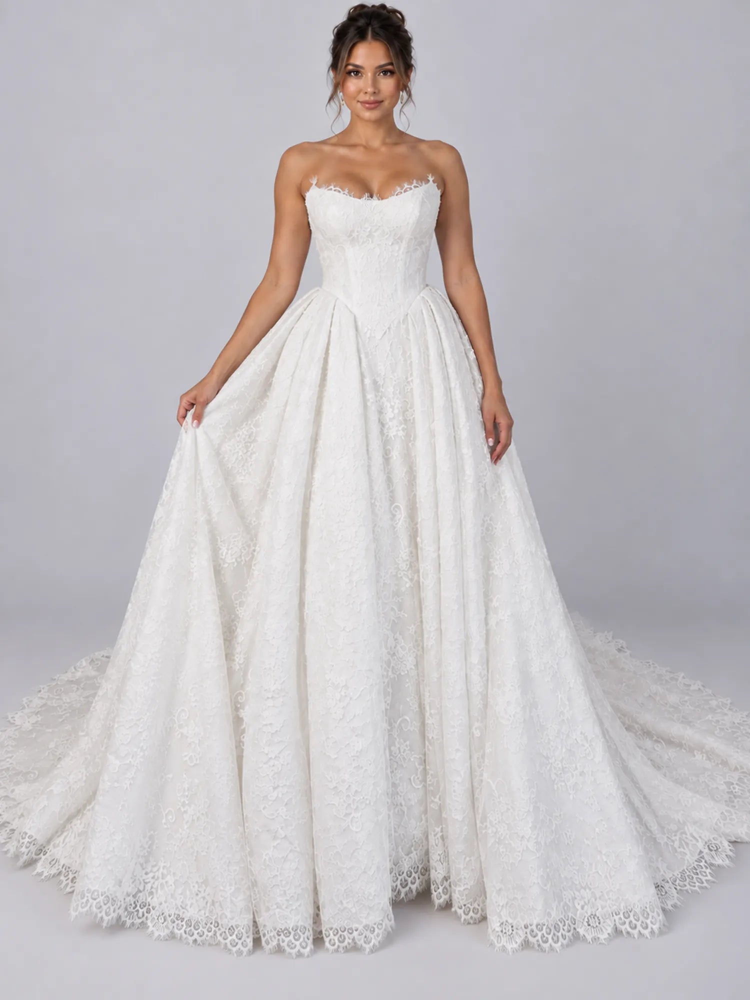 Pure White Strapless Lace Ball Gown Sleeveless Wedding Dress