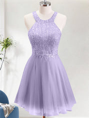 Sparkly Purple A Line Neck Holder Short Homecoming Dress with Lace Applique