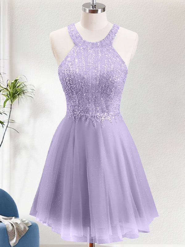 Sparkly Purple A Line Neck Holder Short Homecoming Dress with Lace Applique