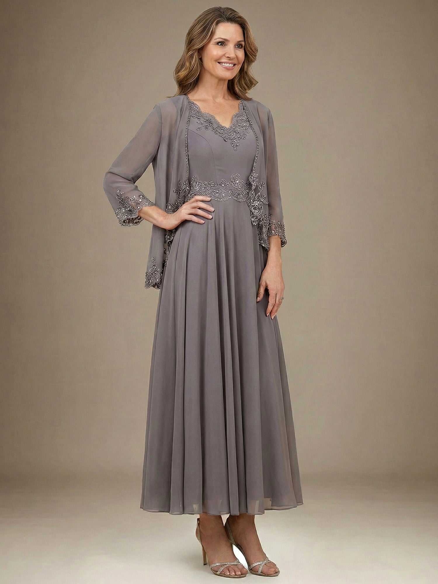 A-line V-Neck Ankle-Length Chiffon Mother of the Bride Dress With Sequins Appliques Lace Beading